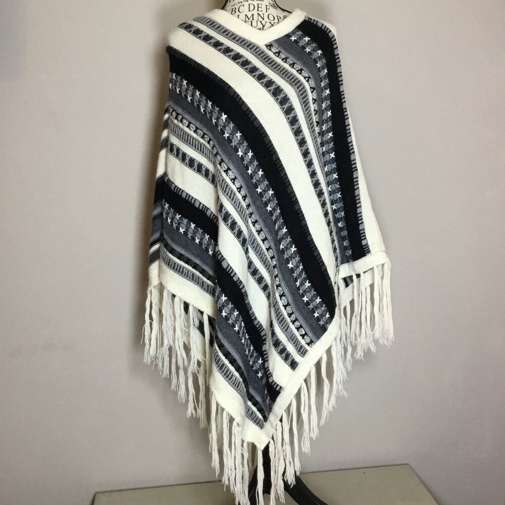 Knit Alpaca Peruvian tassel poncho blue white cream southwestern one size